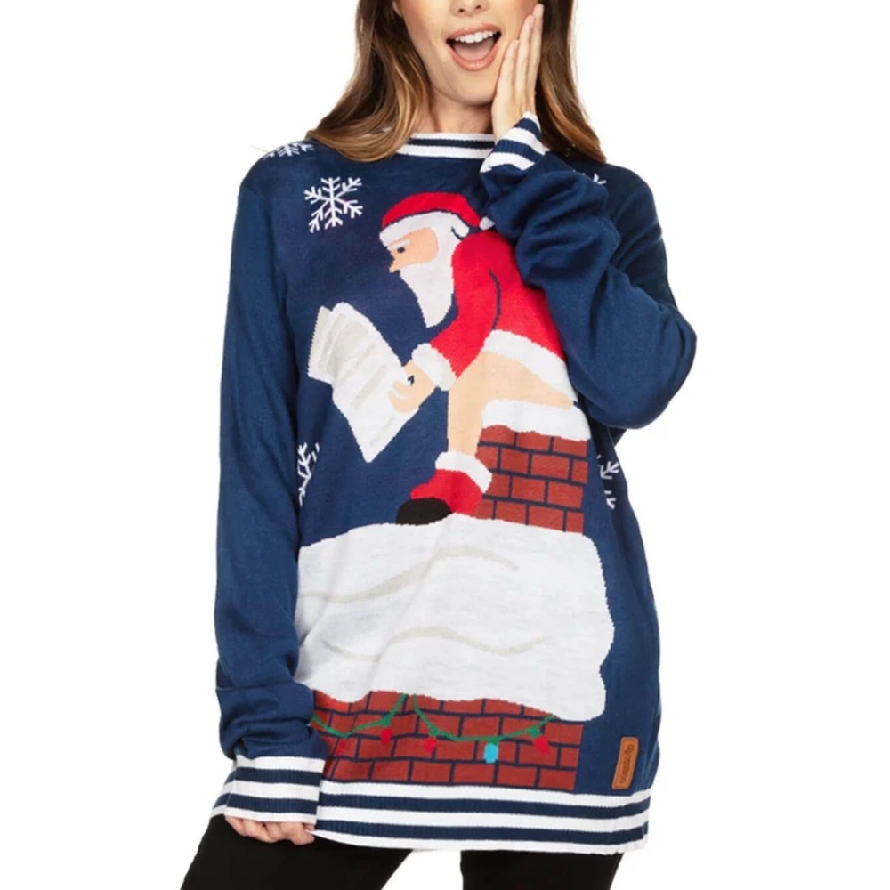 TIPSY ELVES SANTA'S LOG ON FIRE OVERSIZED CHRISTMAS SWEATER WOMENS SZ XL‎